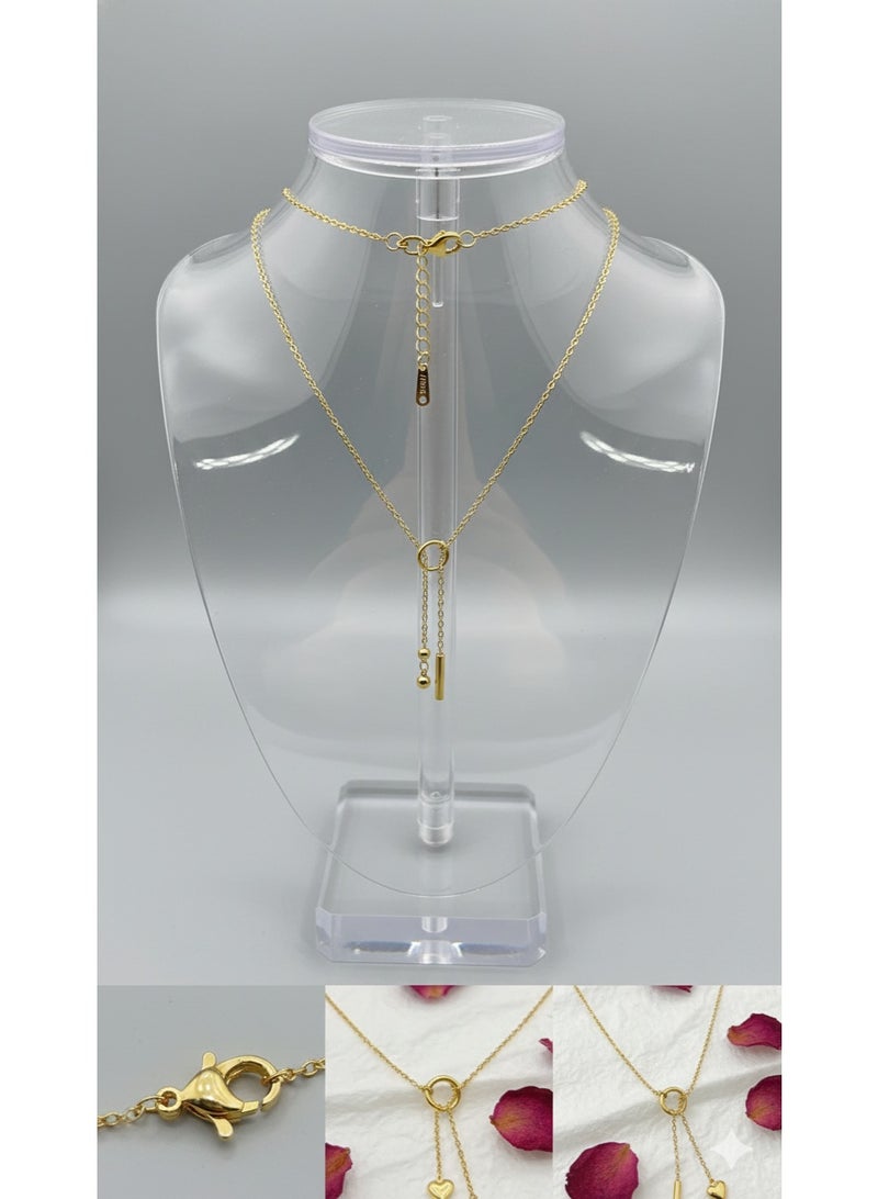 WARD Elegant Gold-Tone Stainless Steel Layered-Look Necklace featuring Heart and Circle Charms - Premium Quality. - Image 3